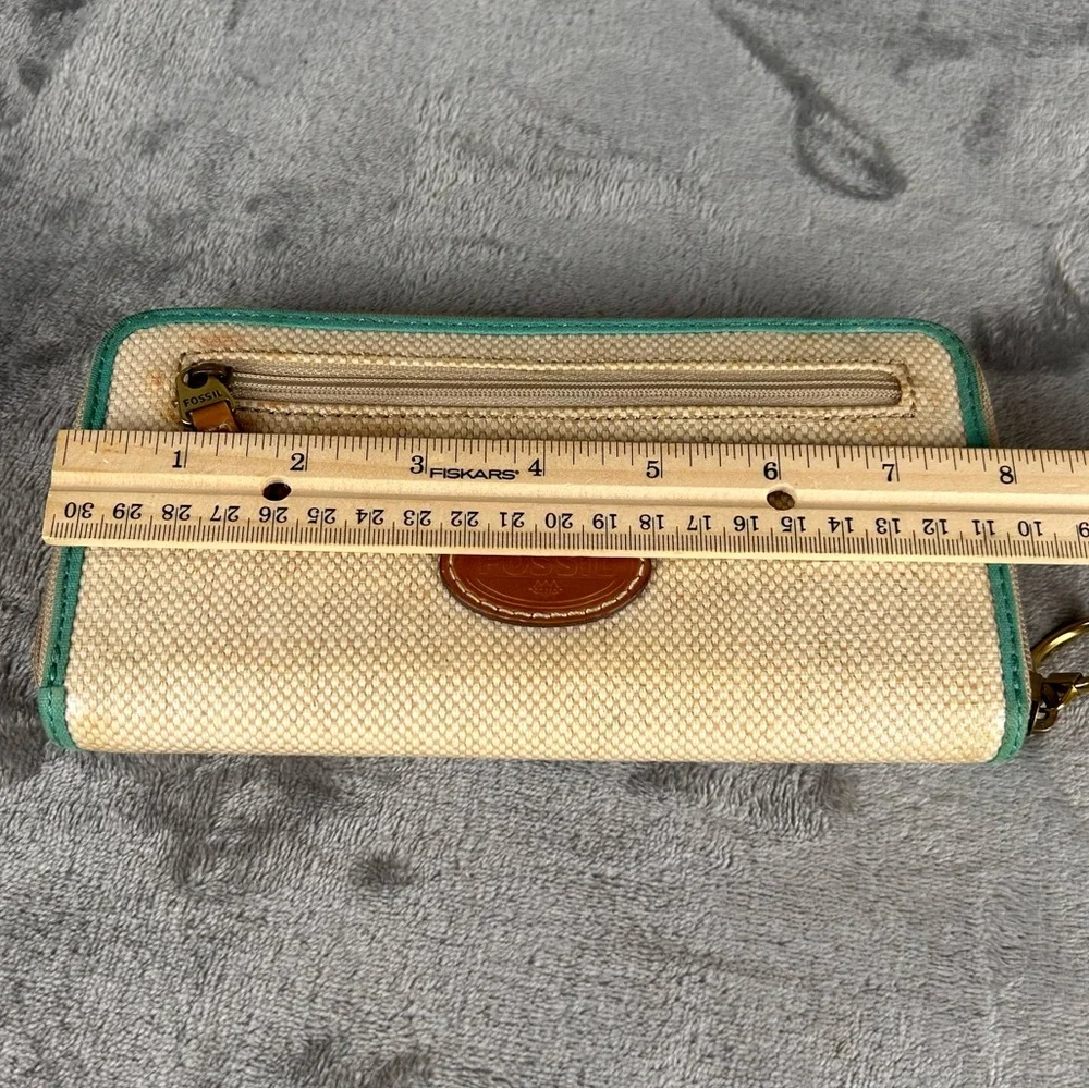 Fossil Zip‎ Around Woven Canvas Wallet Polka Dots Beige Tan With Turquoise Flaws